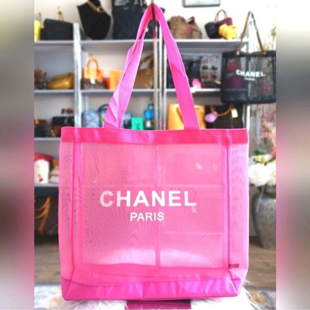 CHANEL PINK MESH BEAUTY TOTE BAG BEACH PURSE MAKEUP TRAVEL SHOULDER CC LOGO